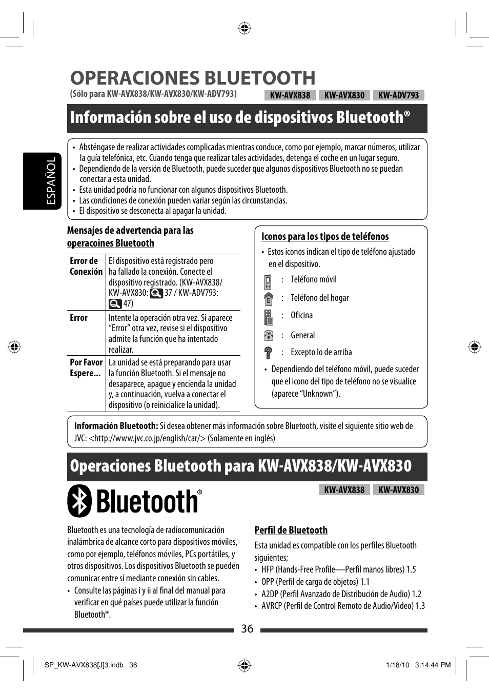 Operaciones bluetooth, Información sobre el uso de dispositivos bluetooth | JVC KW-ADV793 User Manual | Page 106 / 147