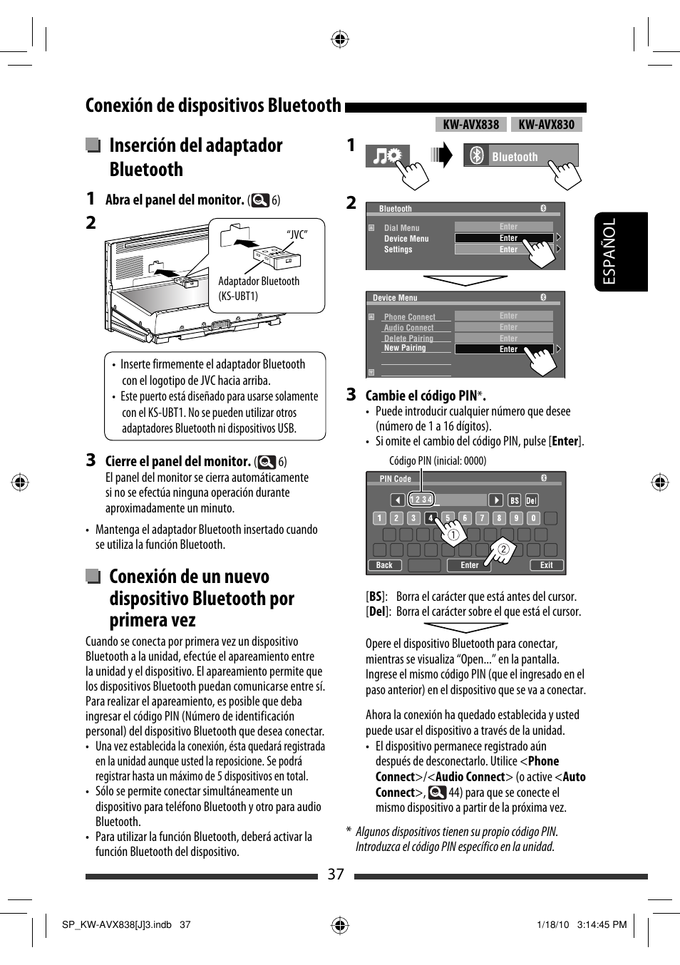 Inserción del adaptador bluetooth, Conexión de dispositivos bluetooth, 37 español | JVC KW-ADV793 User Manual | Page 107 / 147