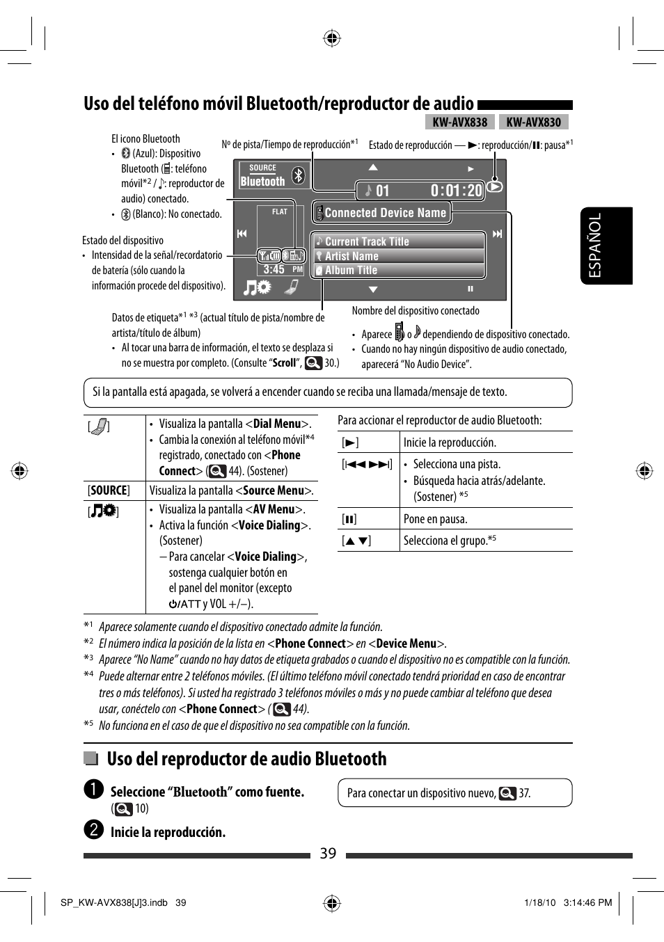 Uso del reproductor de audio bluetooth, 39 español | JVC KW-ADV793 User Manual | Page 109 / 147