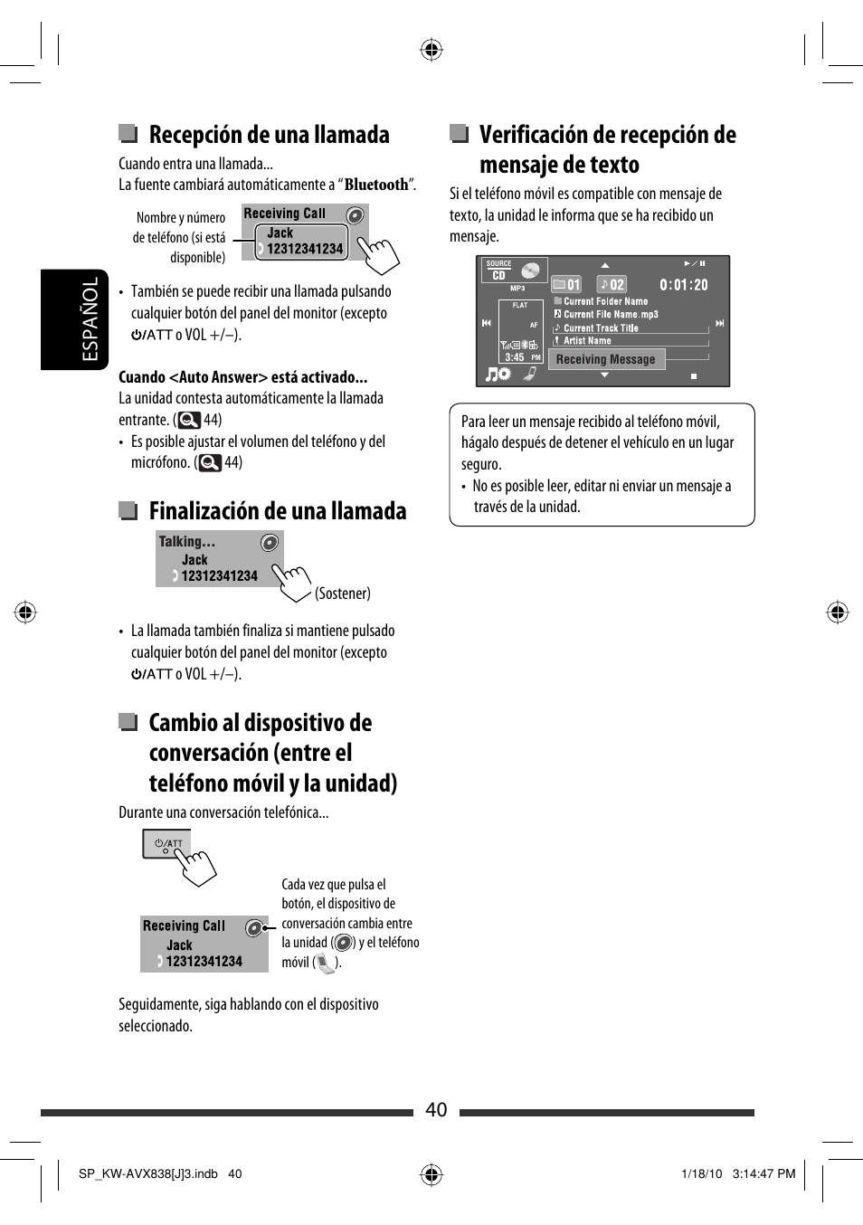 Verificación de recepción de mensaje de texto, Recepción de una llamada, Finalización de una llamada | 40 español | JVC KW-ADV793 User Manual | Page 110 / 147