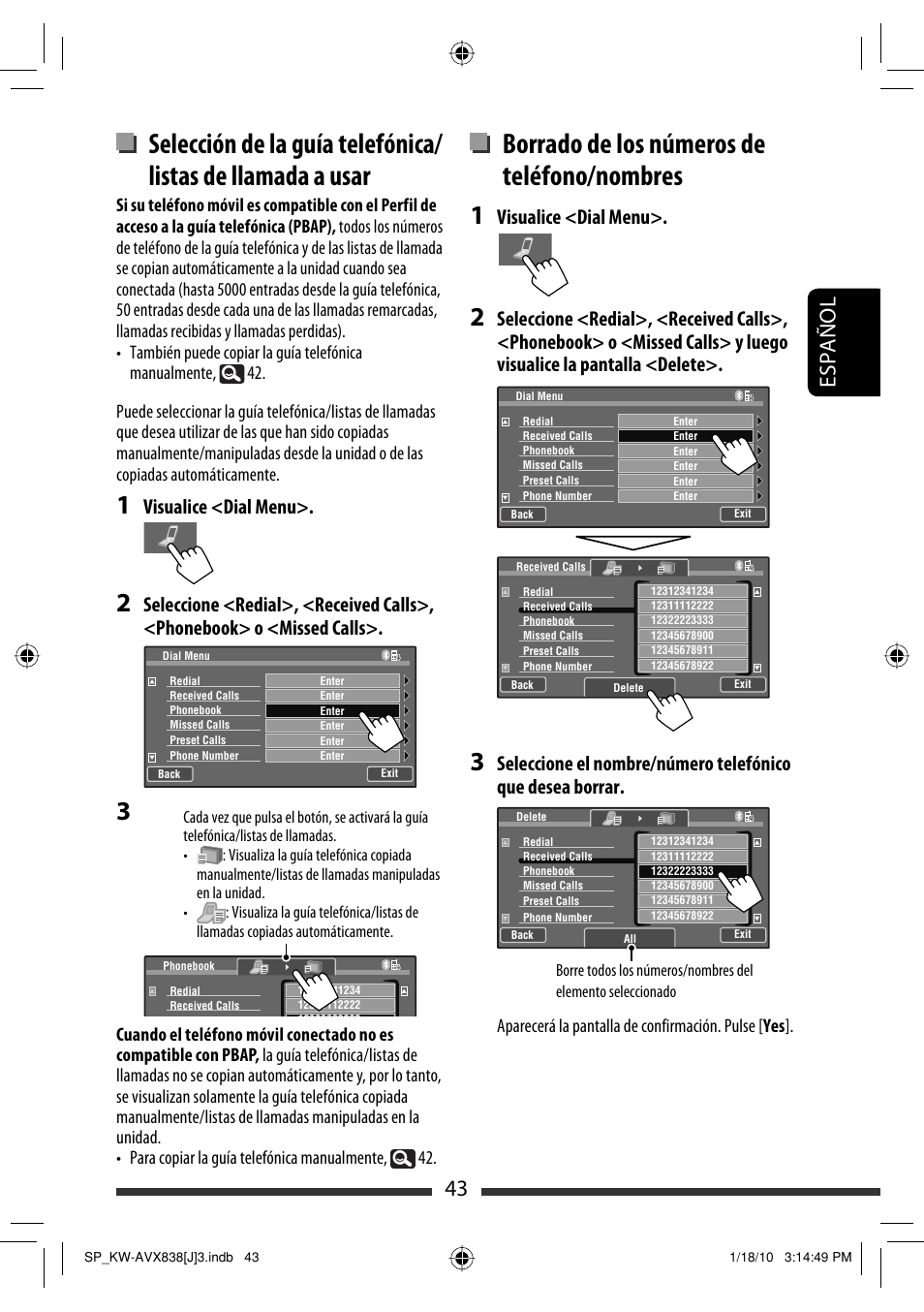 Borrado de los números de teléfono/nombres, 43 español, Visualice <dial menu | JVC KW-ADV793 User Manual | Page 113 / 147