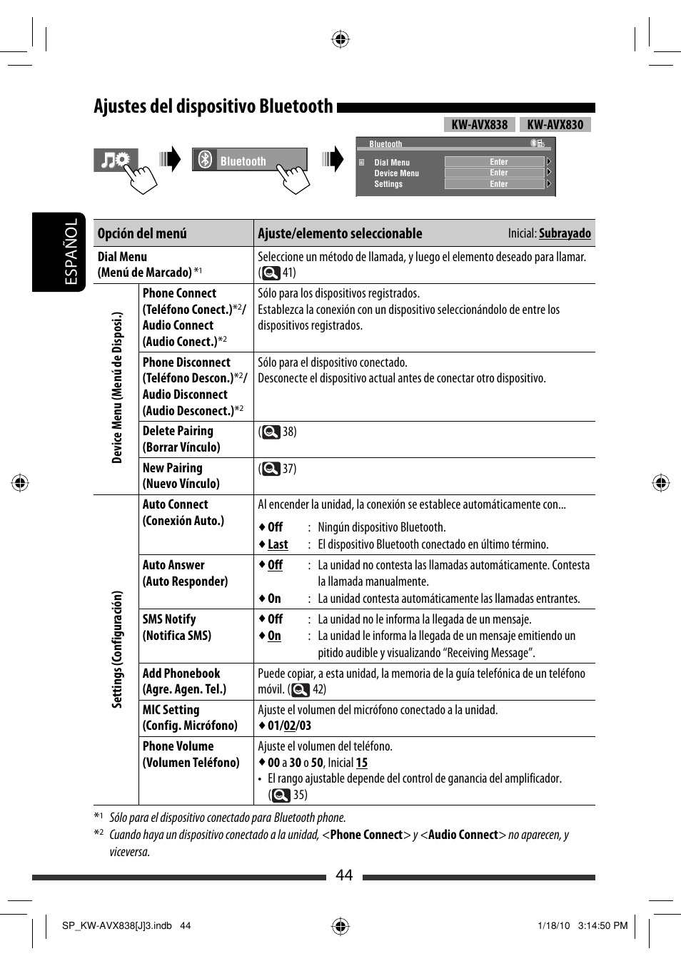 Ajustes del dispositivo bluetooth, 44 español | JVC KW-ADV793 User Manual | Page 114 / 147