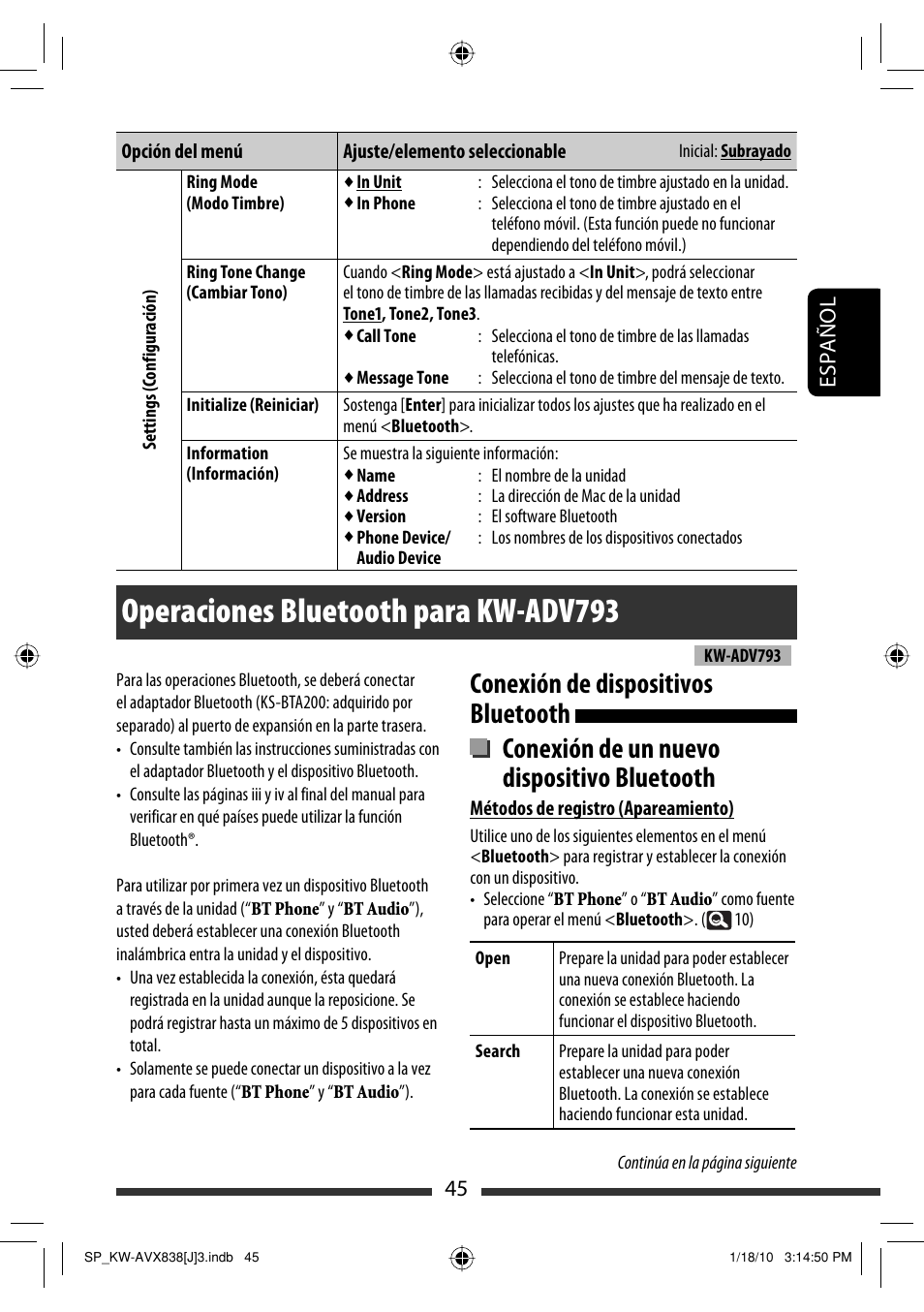 Operaciones bluetooth para kw-adv793, 45 español | JVC KW-ADV793 User Manual | Page 115 / 147