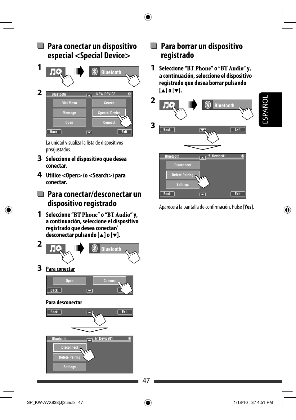 Para borrar un dispositivo registrado, 47 español, Seleccione el dispositivo que desea conectar | Utilice <open> (o <search>) para conectar | JVC KW-ADV793 User Manual | Page 117 / 147