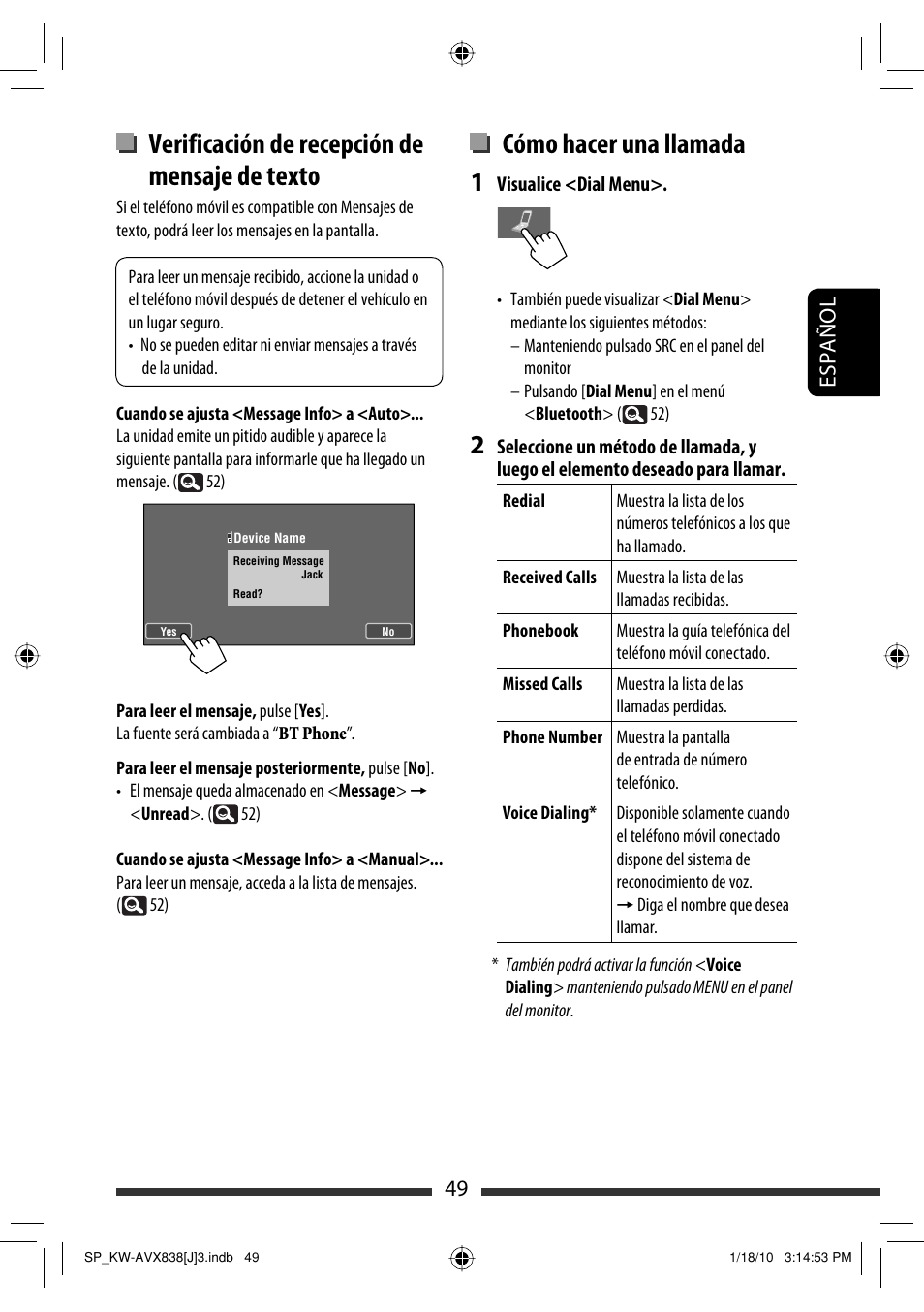 Verificación de recepción de mensaje de texto, Cómo hacer una llamada, 49 español | JVC KW-ADV793 User Manual | Page 119 / 147