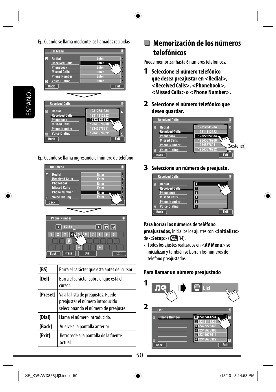 50 español, Seleccione el número telefónico que desea guardar, Seleccione un número de preajuste | Para llamar un número preajustado, Sostener) | JVC KW-ADV793 User Manual | Page 120 / 147