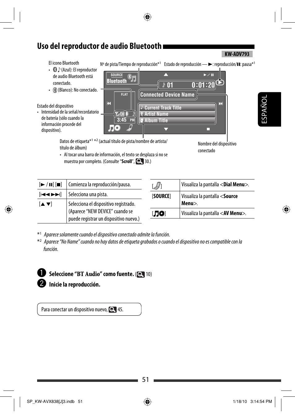 Uso del reproductor de audio bluetooth, 51 español | JVC KW-ADV793 User Manual | Page 121 / 147