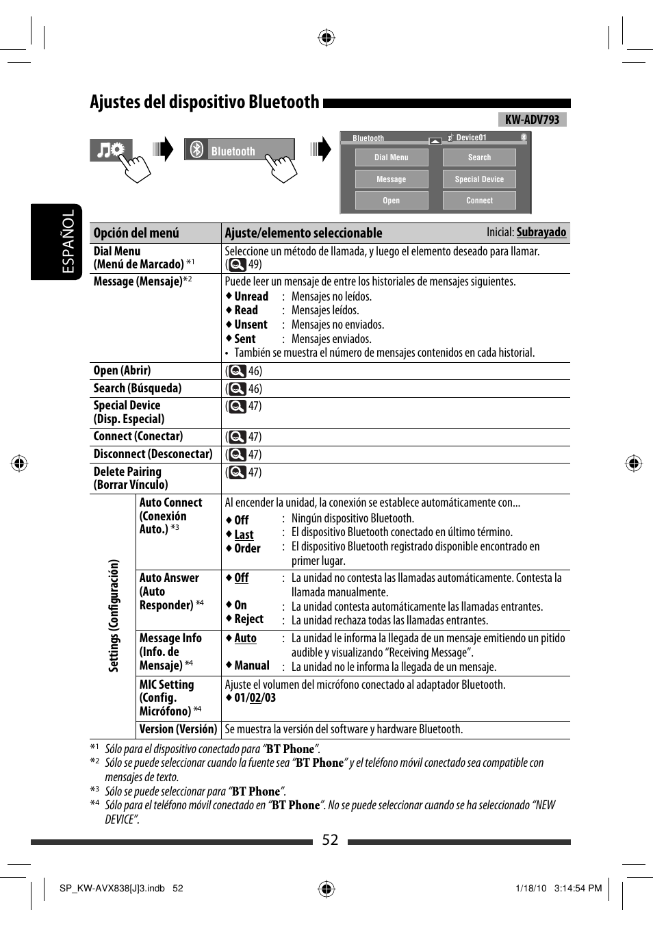 Ajustes del dispositivo bluetooth, 52 español, Opción del menú ajuste/elemento seleccionable | JVC KW-ADV793 User Manual | Page 122 / 147