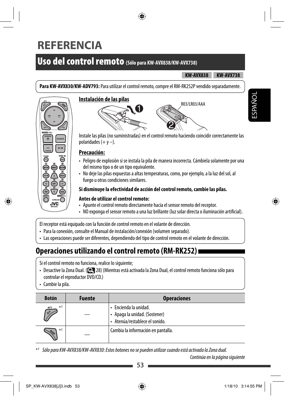 Referencia, Uso del control remoto, 53 esp añol | JVC KW-ADV793 User Manual | Page 123 / 147