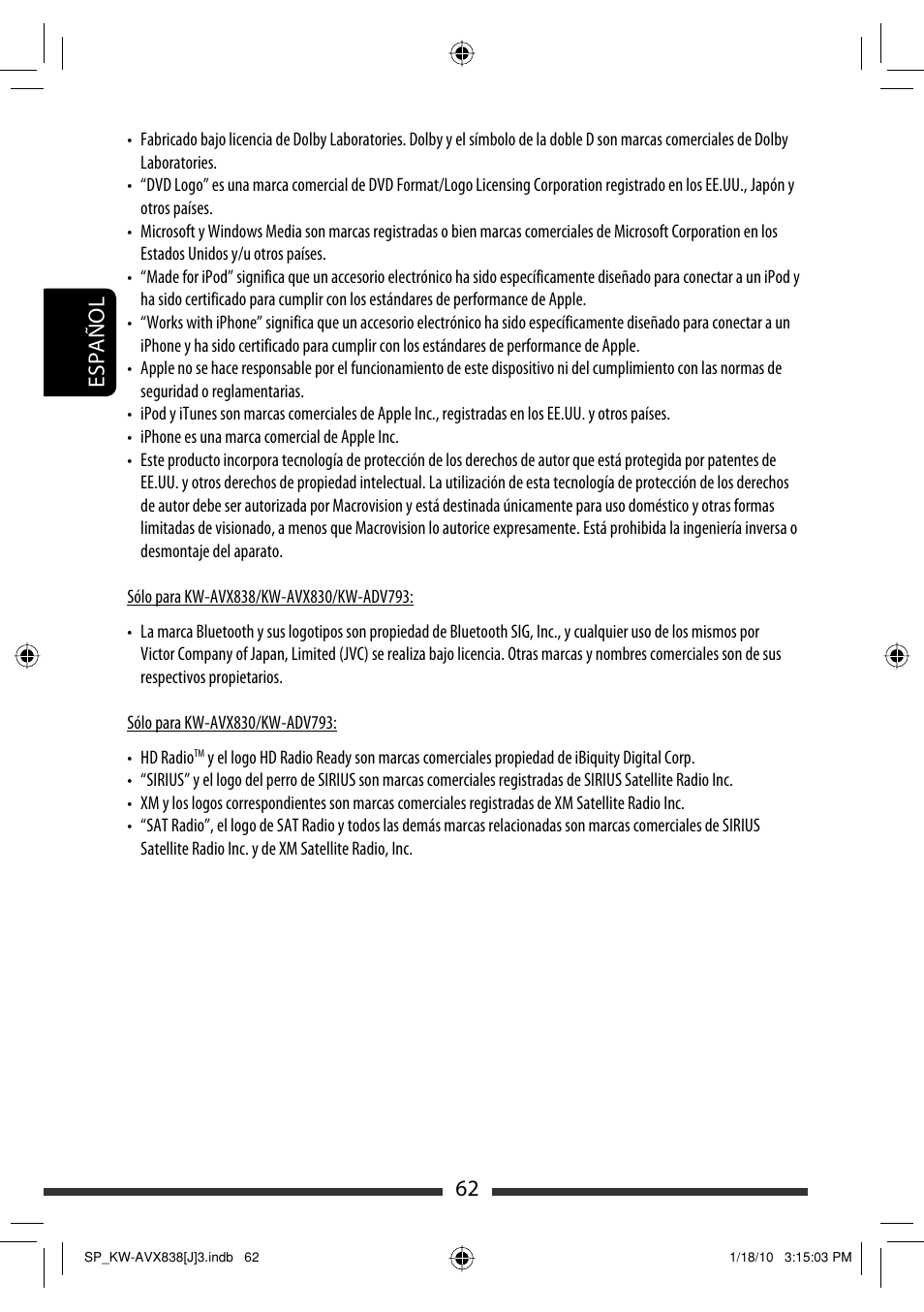 62 español | JVC KW-ADV793 User Manual | Page 132 / 147