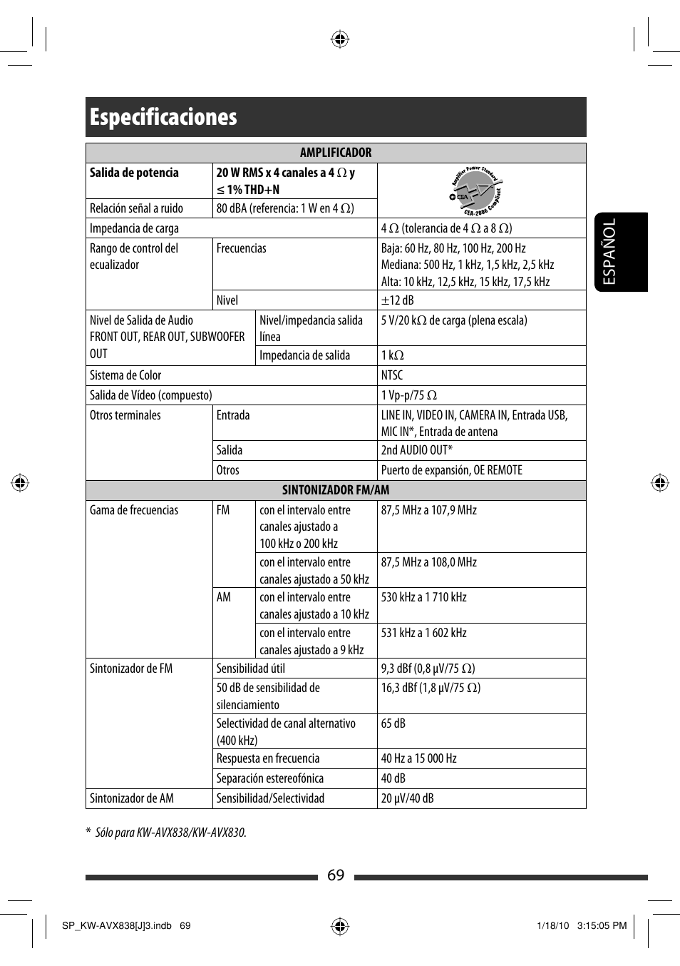 Especificaciones, 69 español | JVC KW-ADV793 User Manual | Page 139 / 147