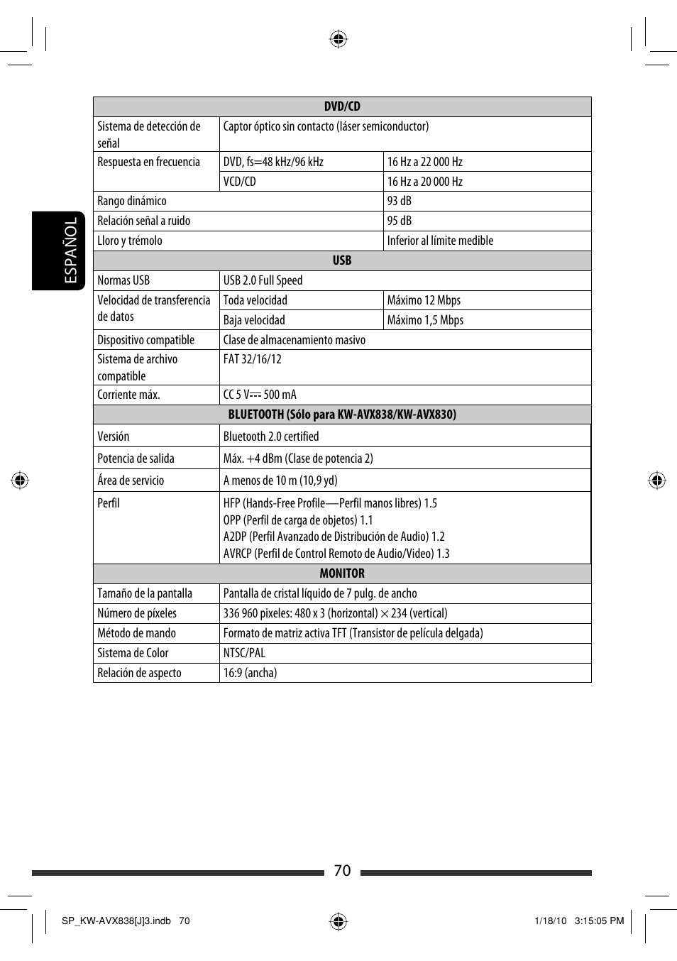 70 español | JVC KW-ADV793 User Manual | Page 140 / 147