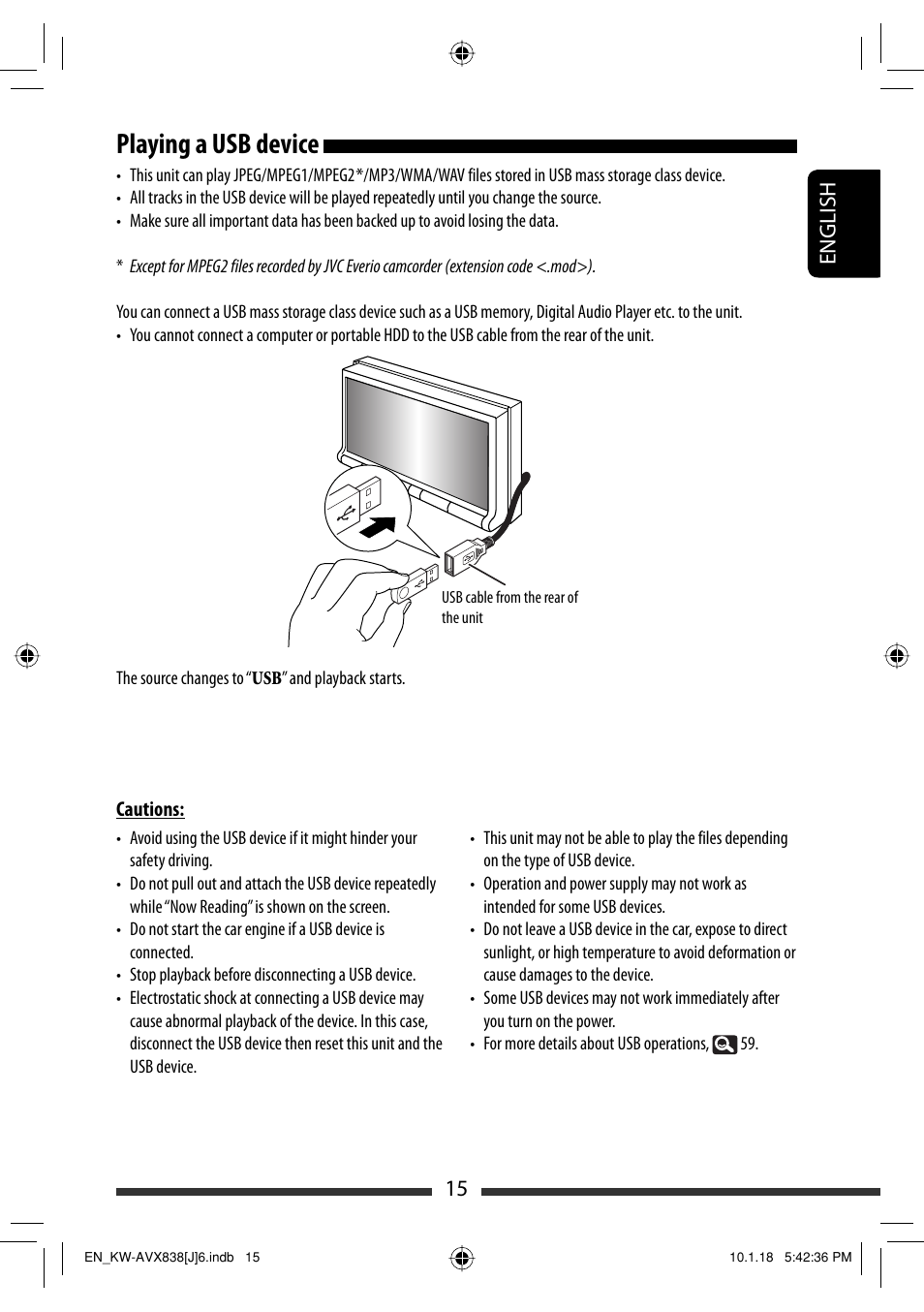 Playing a usb device, 15 english | JVC KW-ADV793 User Manual | Page 15 / 147