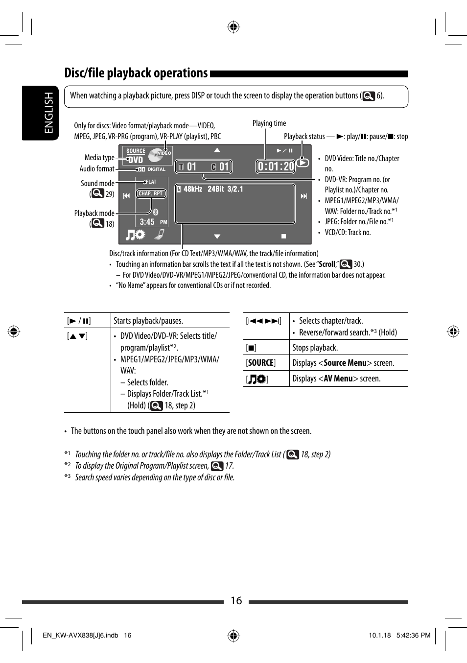 Disc/file playback operations, 16 english | JVC KW-ADV793 User Manual | Page 16 / 147