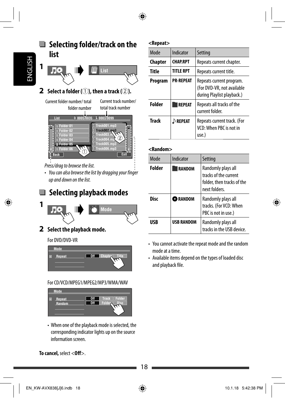 Selecting folder/track on the list, Selecting playback modes, 18 english | Select a folder ( 1 ), then a track ( 2 ), Select the playback mode | JVC KW-ADV793 User Manual | Page 18 / 147