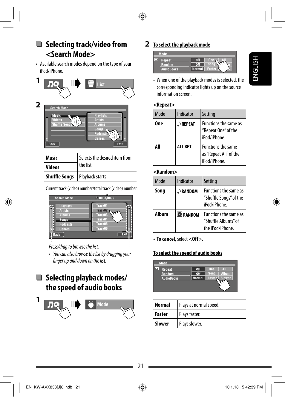 Selecting track/video from <search mode, Selecting playback modes/ the speed of audio books, 21 english | JVC KW-ADV793 User Manual | Page 21 / 147