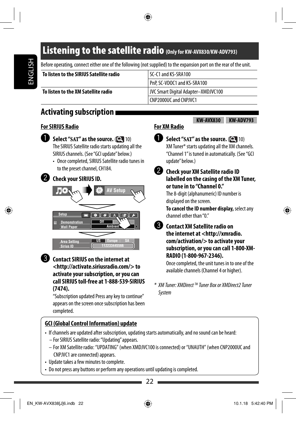 Listening to the satellite radio, Activating subscription, 22 english | JVC KW-ADV793 User Manual | Page 22 / 147
