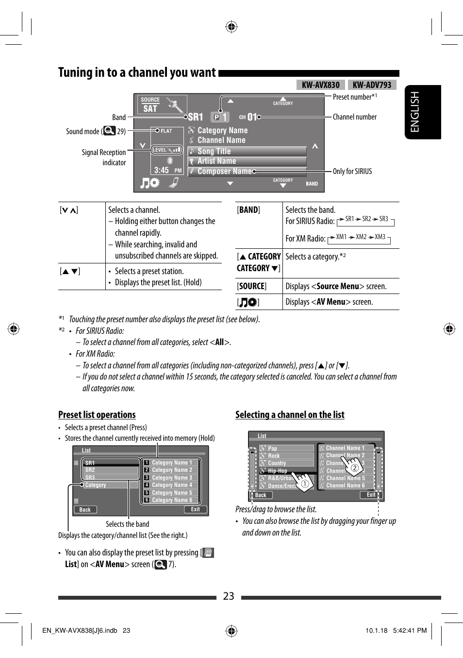 Tuning in to a channel you want, 23 english, Preset list operations | Selecting a channel on the list, Sr1 01, For xm radio, Category, Selects a category | JVC KW-ADV793 User Manual | Page 23 / 147