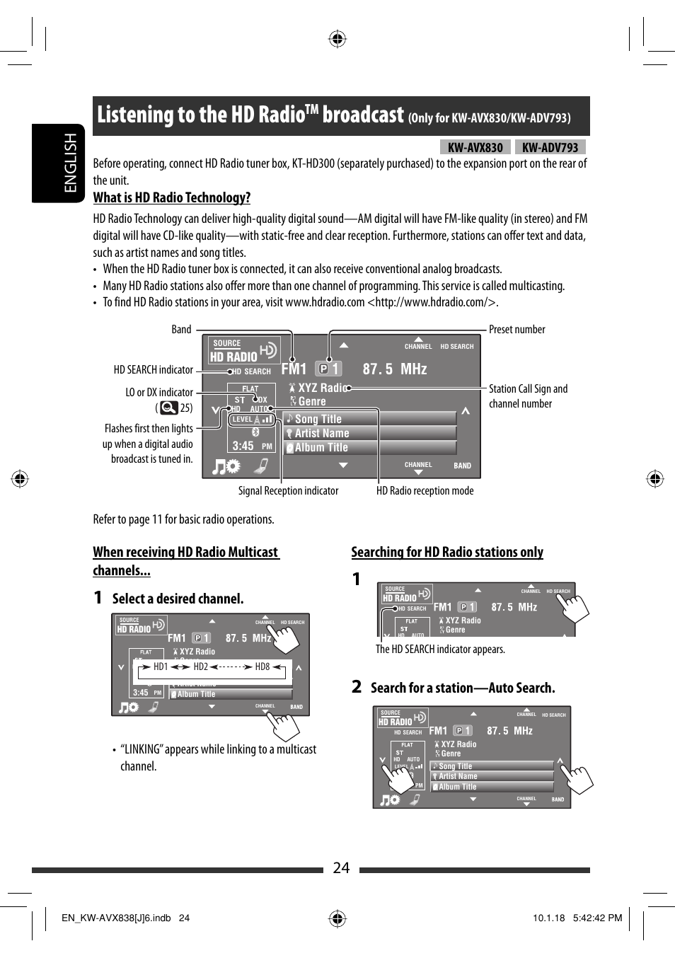 Listening to the hd radio, Broadcast, 24 english | What is hd radio technology, When receiving hd radio multicast channels, Select a desired channel, Searching for hd radio stations only, Search for a station—auto search | JVC KW-ADV793 User Manual | Page 24 / 147