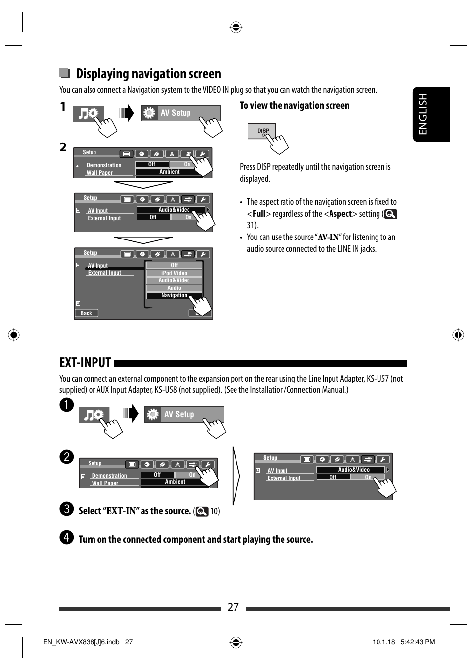 Ext-input, Displaying navigation screen, 27 english | Select “ext-in” as the source | JVC KW-ADV793 User Manual | Page 27 / 147