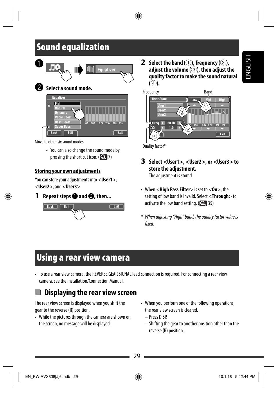 Sound equalization, Using a rear view camera, Displaying the rear view screen | 29 english, Select a sound mode, Storing your own adjustments, Repeat steps ~ and ÿ , then | JVC KW-ADV793 User Manual | Page 29 / 147