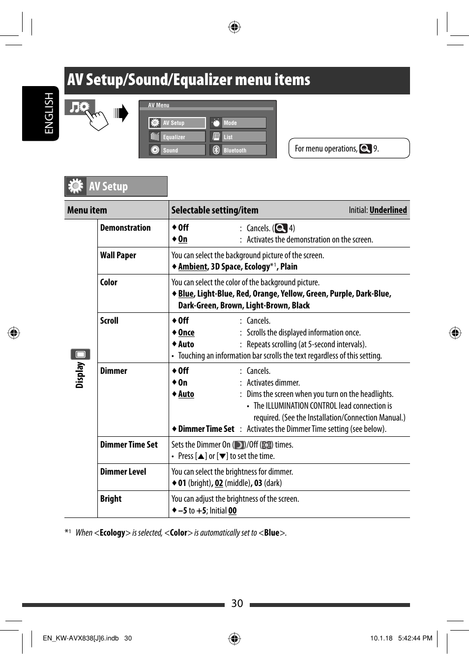 Av setup/sound/equalizer menu items, Av setup, 30 english | JVC KW-ADV793 User Manual | Page 30 / 147