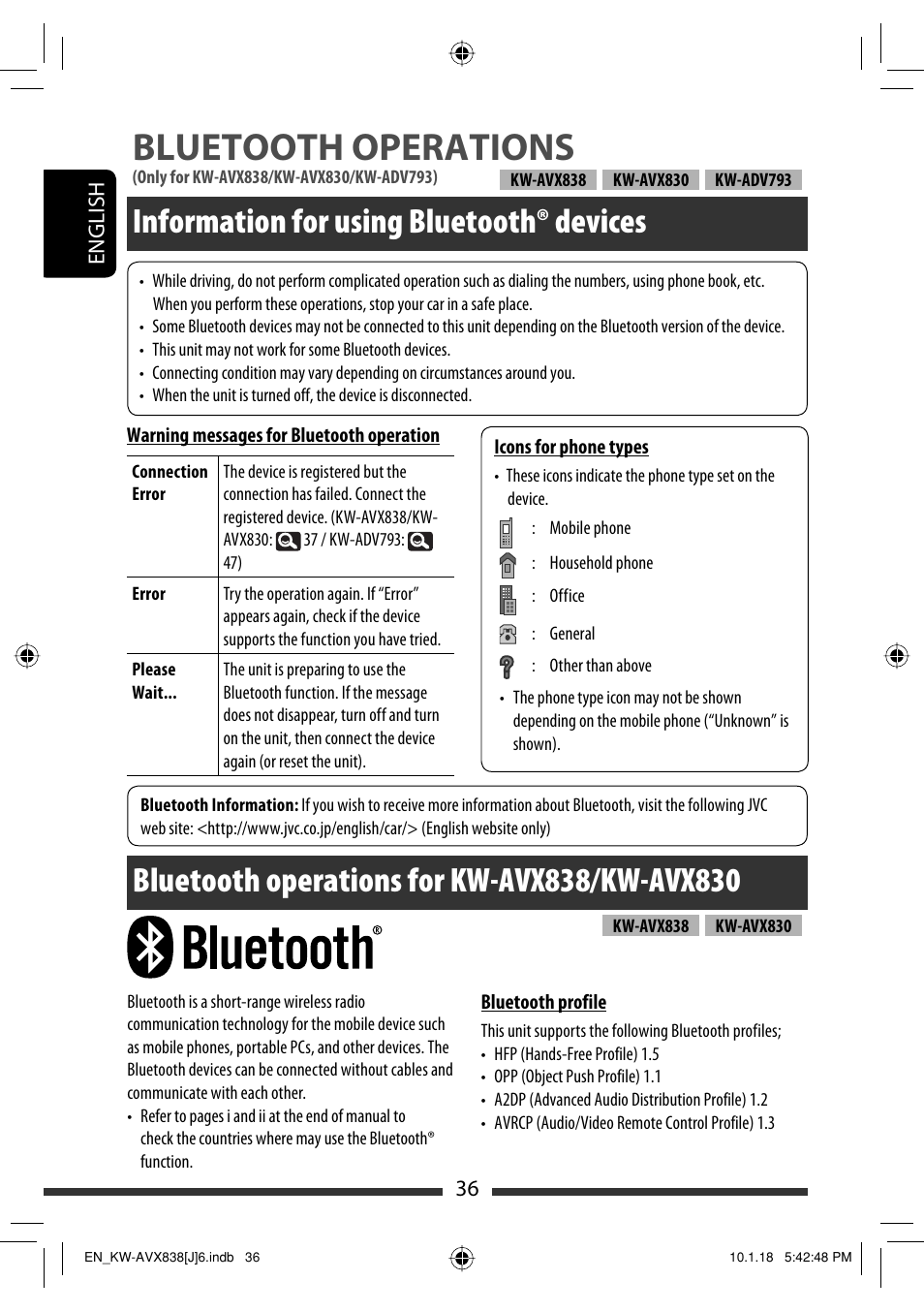 Information for using bluetooth® devices, Bluetooth operations for kw-avx838/kw-avx830, Bluetooth operations | JVC KW-ADV793 User Manual | Page 36 / 147