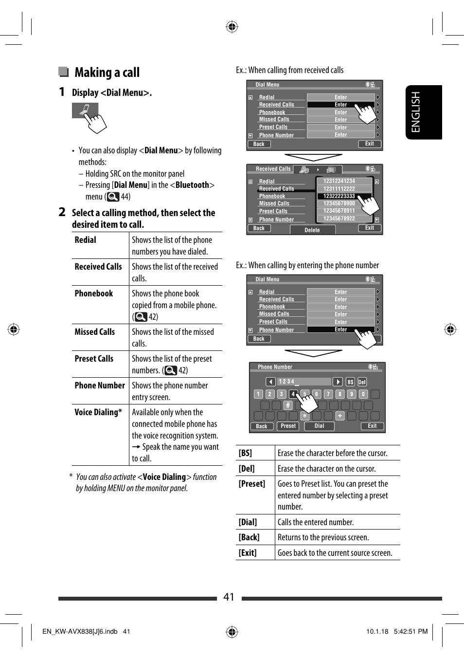 Making a call, 41 english, Display <dial menu | JVC KW-ADV793 User Manual | Page 41 / 147