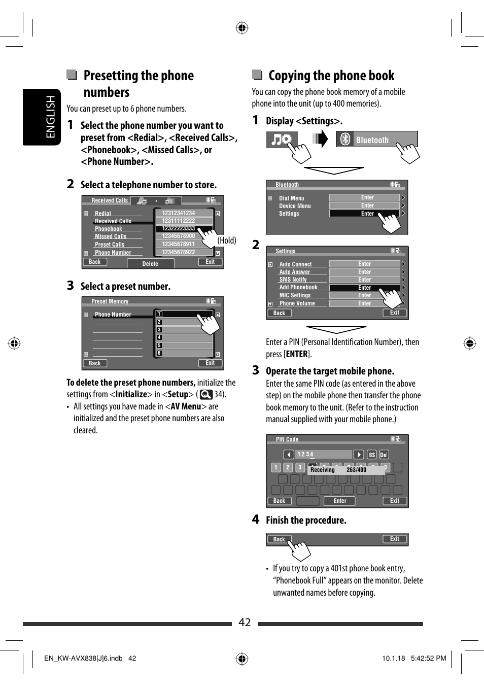 Presetting the phone numbers, Copying the phone book, 42 english | Select a telephone number to store, Select a preset number, Display <settings, Operate the target mobile phone, Finish the procedure | JVC KW-ADV793 User Manual | Page 42 / 147