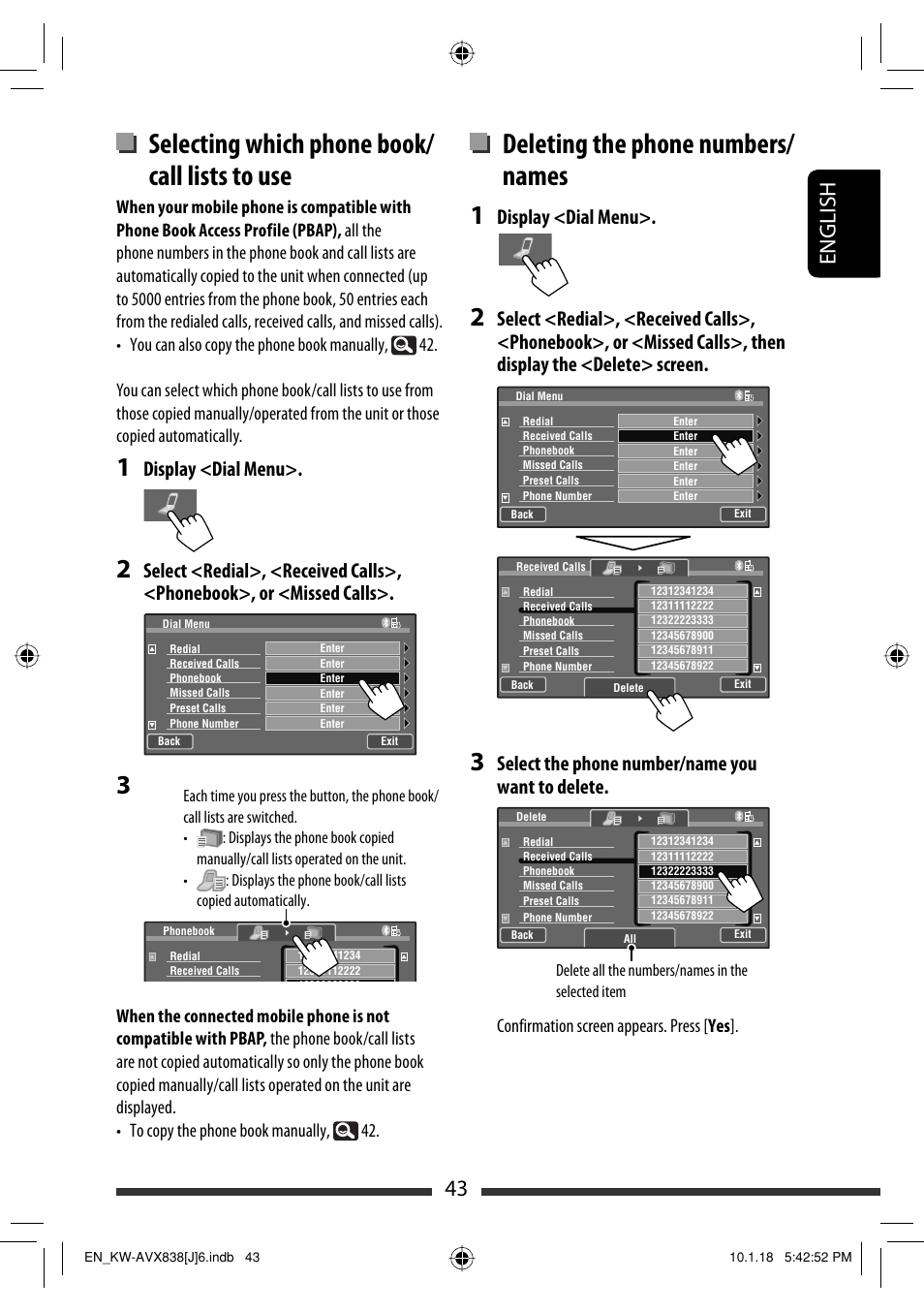Selecting which phone book/ call lists to use, Deleting the phone numbers/ names, 43 english | Display <dial menu, Select the phone number/name you want to delete | JVC KW-ADV793 User Manual | Page 43 / 147
