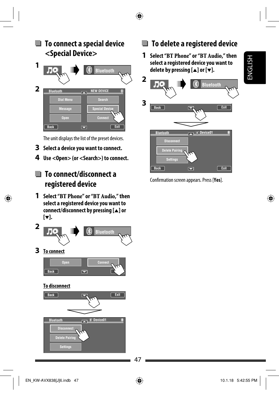 47 english, Select a device you want to connect, Use <open> (or <search>) to connect | JVC KW-ADV793 User Manual | Page 47 / 147