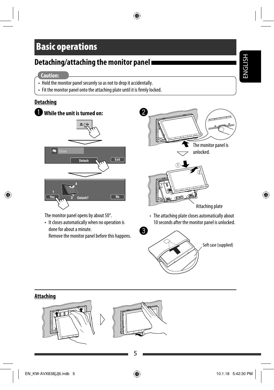 Basic operations, Detaching/attaching the monitor panel, 5english | JVC KW-ADV793 User Manual | Page 5 / 147