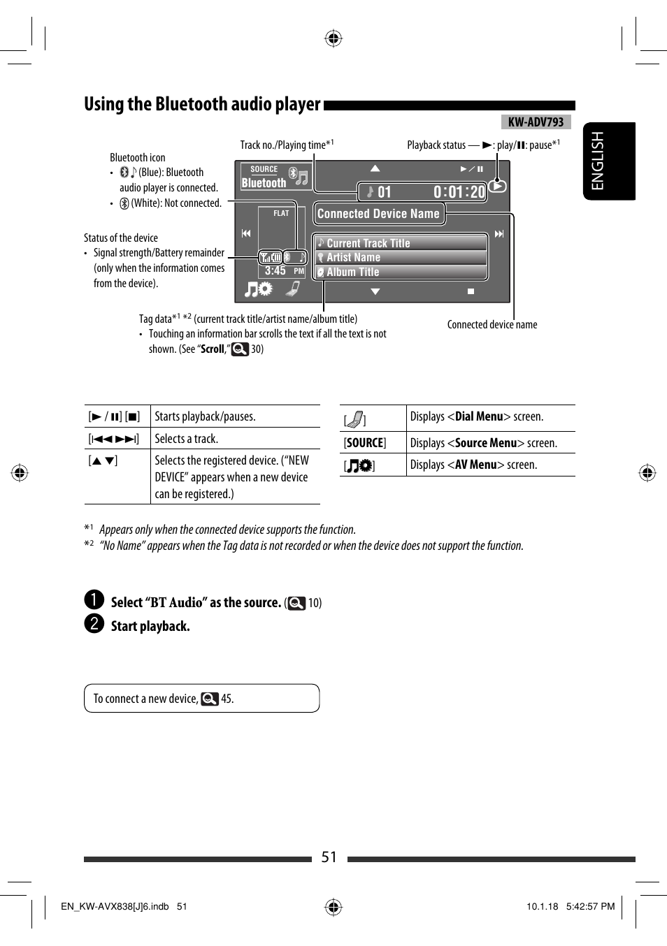 Using the bluetooth audio player, 51 english | JVC KW-ADV793 User Manual | Page 51 / 147