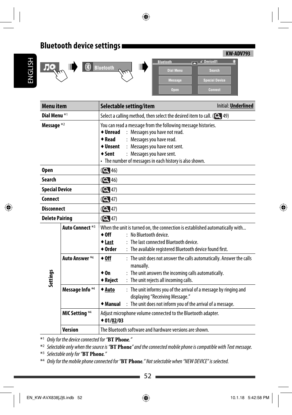 Bluetooth device settings, 52 english, Menu item selectable setting/item | JVC KW-ADV793 User Manual | Page 52 / 147