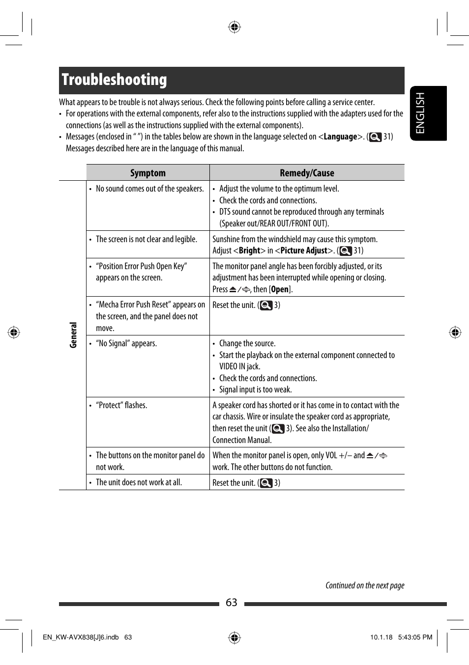 Troubleshooting, 63 english | JVC KW-ADV793 User Manual | Page 63 / 147