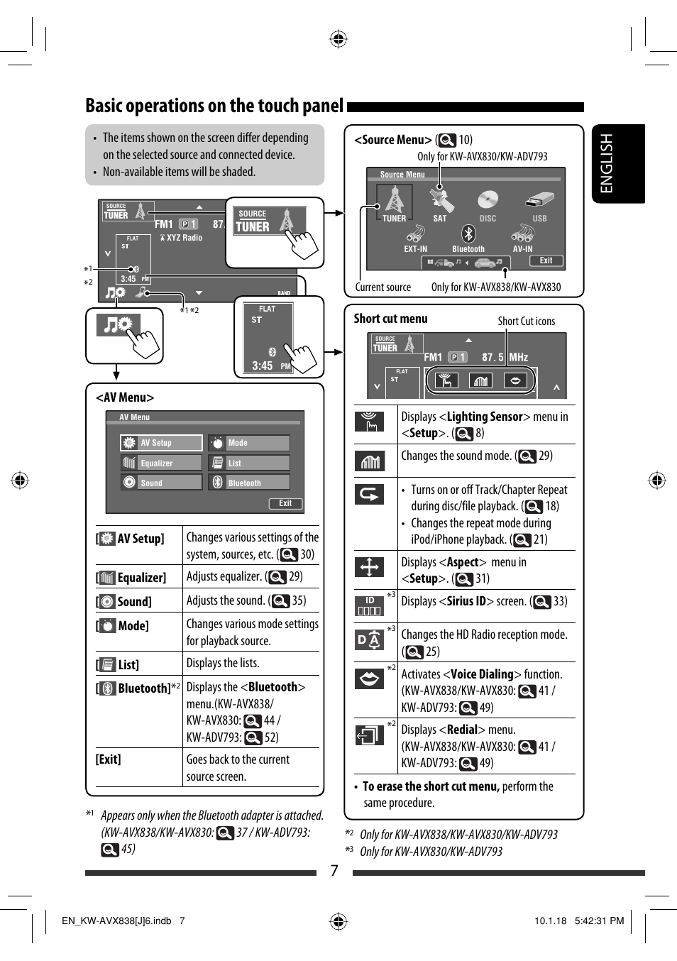Basic operations on the touch panel, 7english | JVC KW-ADV793 User Manual | Page 7 / 147