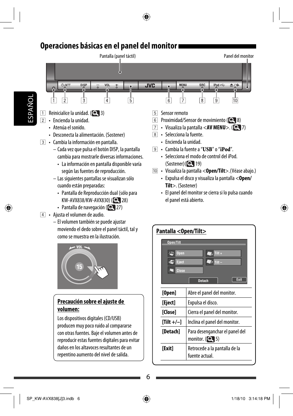Operaciones básicas en el panel del monitor, 6español | JVC KW-ADV793 User Manual | Page 76 / 147