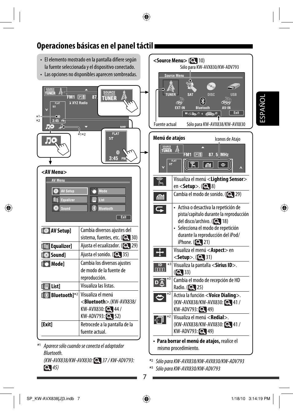 Operaciones básicas en el panel táctil, 7español | JVC KW-ADV793 User Manual | Page 77 / 147