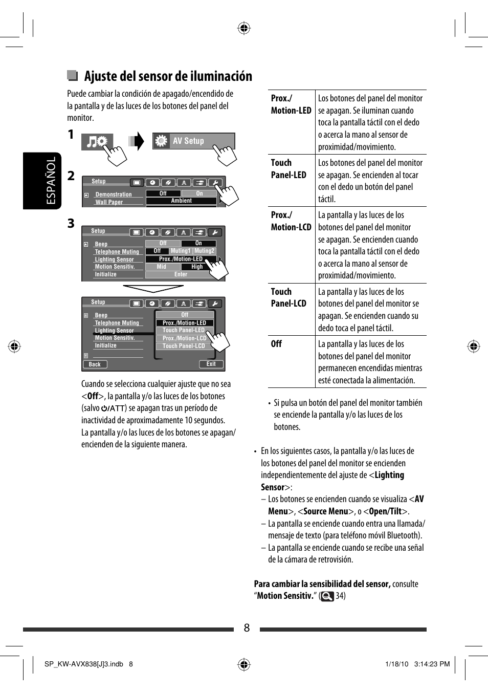 Ajuste del sensor de iluminación, 8español | JVC KW-ADV793 User Manual | Page 78 / 147