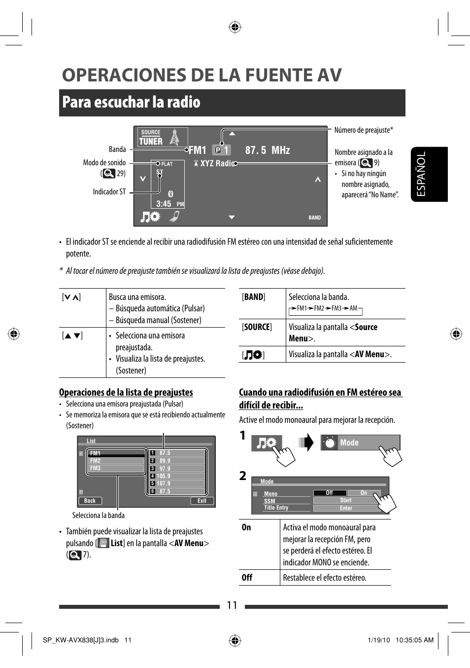 Operaciones de la fuente av, Para escuchar la radio, 11 esp añol | Operaciones de la lista de preajustes | JVC KW-ADV793 User Manual | Page 81 / 147