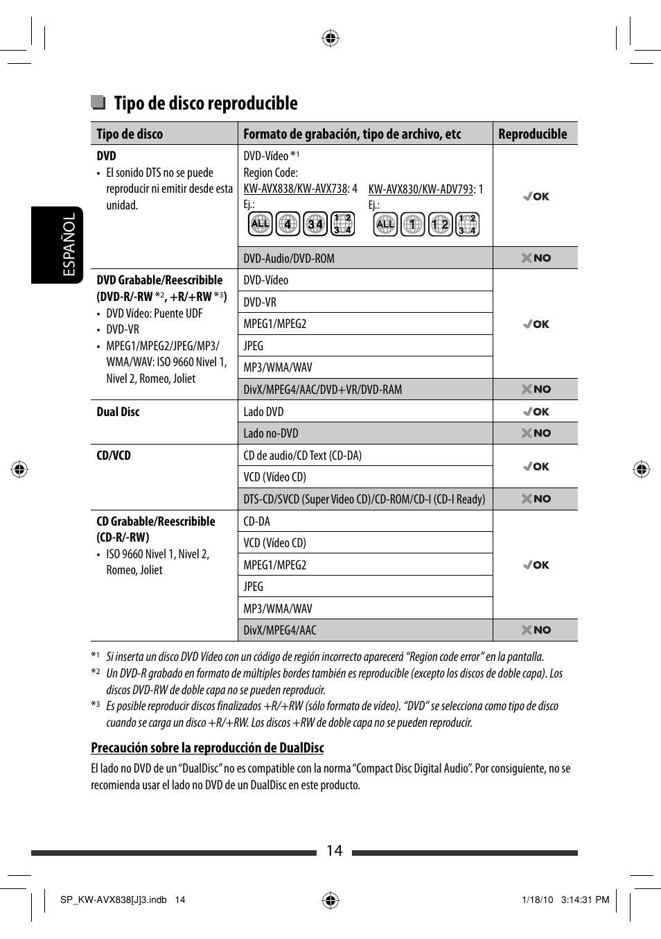 Tipo de disco reproducible, 14 esp añol | JVC KW-ADV793 User Manual | Page 84 / 147