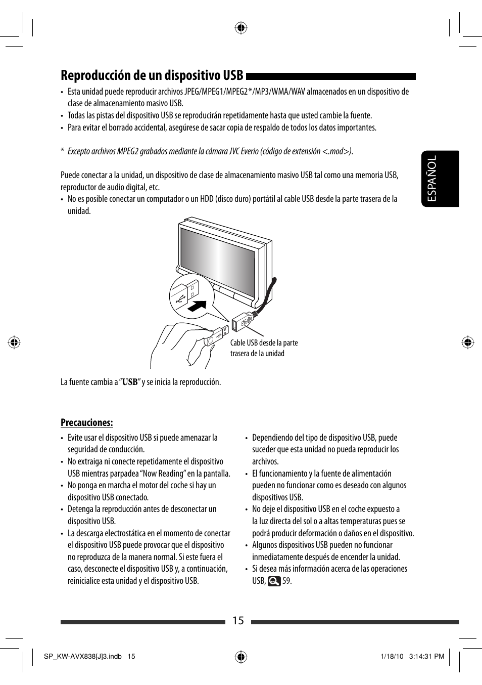 Reproducción de un dispositivo usb, 15 esp añol | JVC KW-ADV793 User Manual | Page 85 / 147