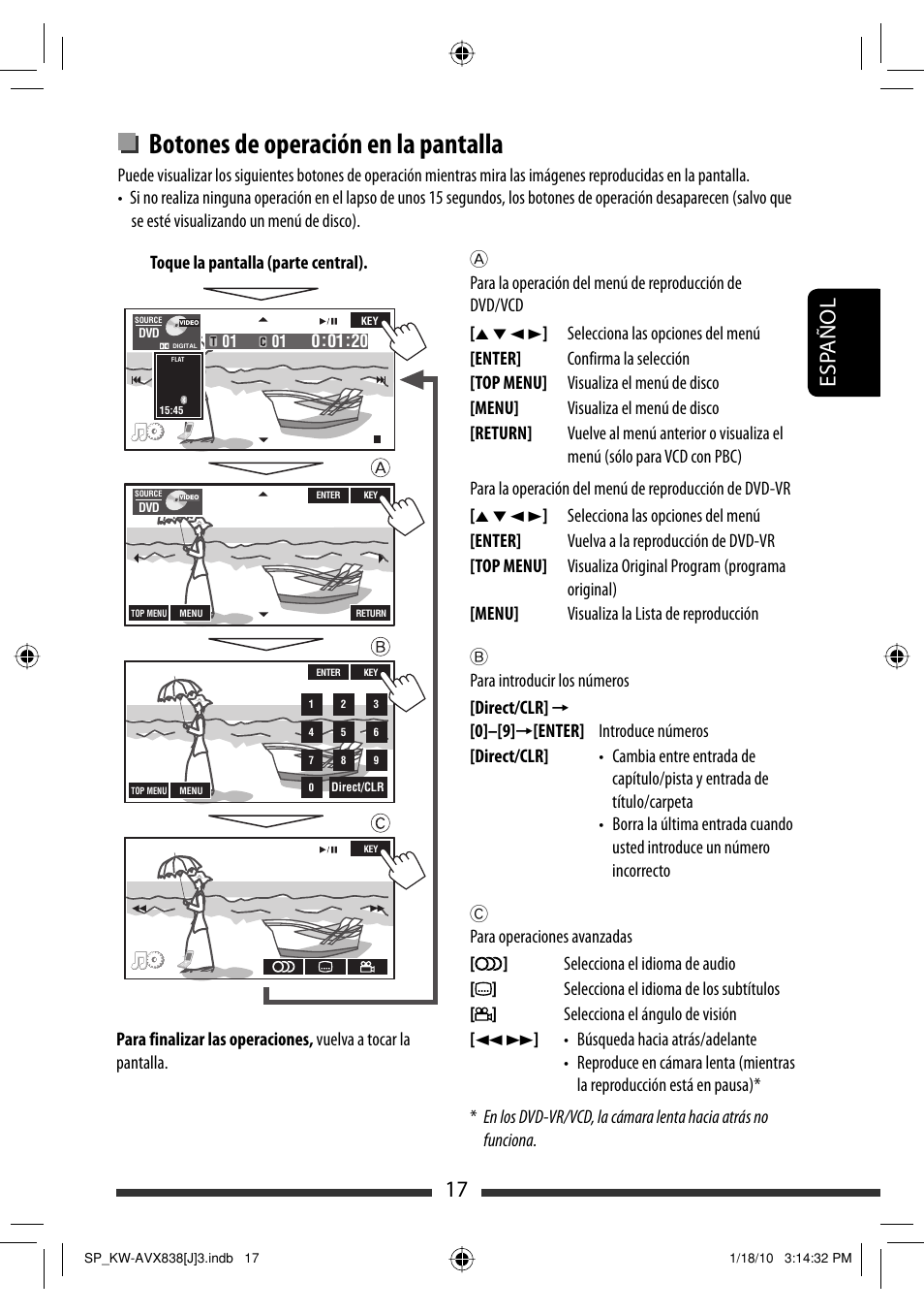 Botones de operación en la pantalla, 17 esp añol | JVC KW-ADV793 User Manual | Page 87 / 147