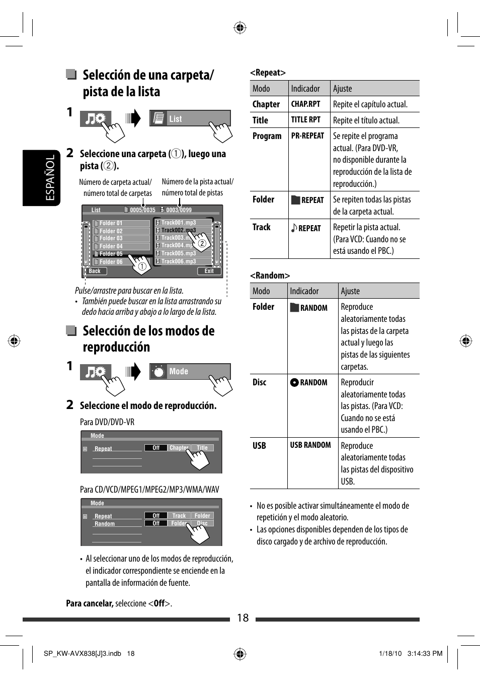Selección de una carpeta/ pista de la lista, Selección de los modos de reproducción, 18 esp añol | Seleccione el modo de reproducción | JVC KW-ADV793 User Manual | Page 88 / 147