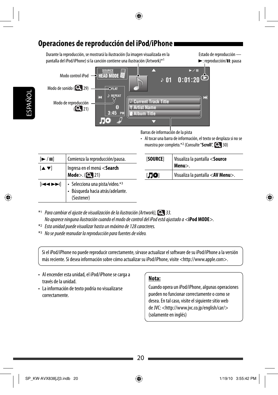 Operaciones de reproducción del ipod/iphone, 20 esp añol, Nota | JVC KW-ADV793 User Manual | Page 90 / 147