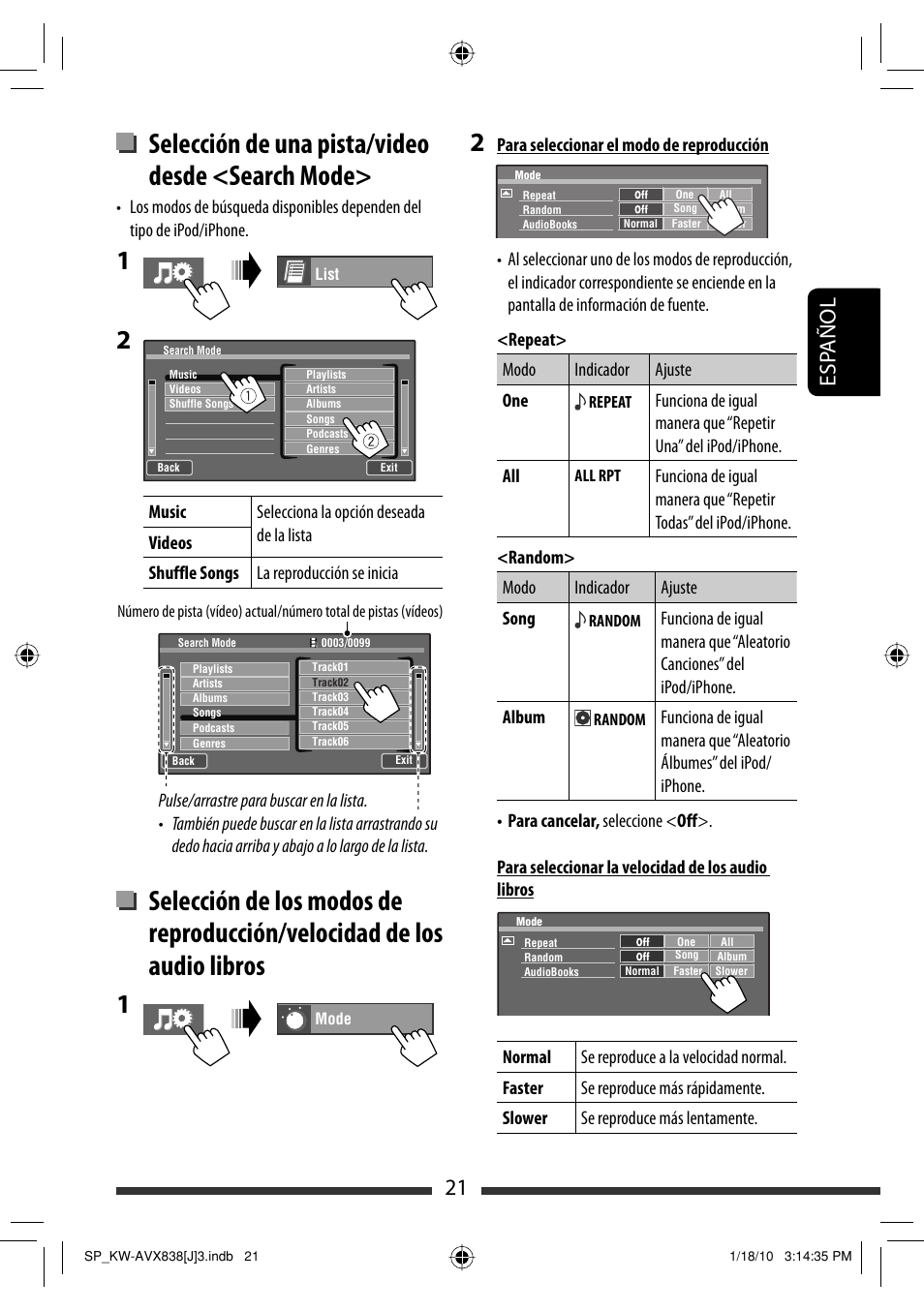 Selección de una pista/video desde <search mode, 21 esp añol | JVC KW-ADV793 User Manual | Page 91 / 147