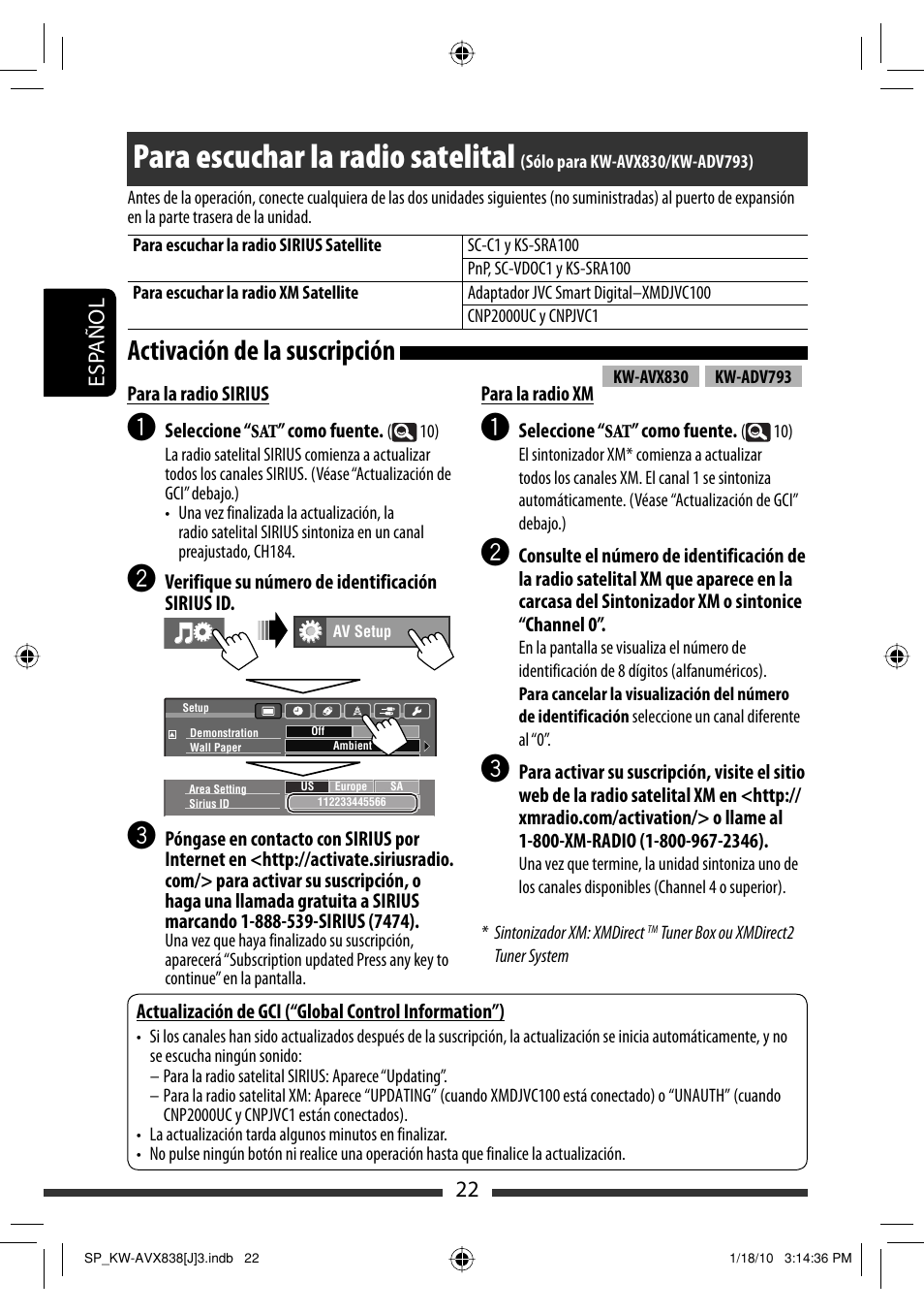 Para escuchar la radio satelital, Activación de la suscripción, 22 esp añol | JVC KW-ADV793 User Manual | Page 92 / 147