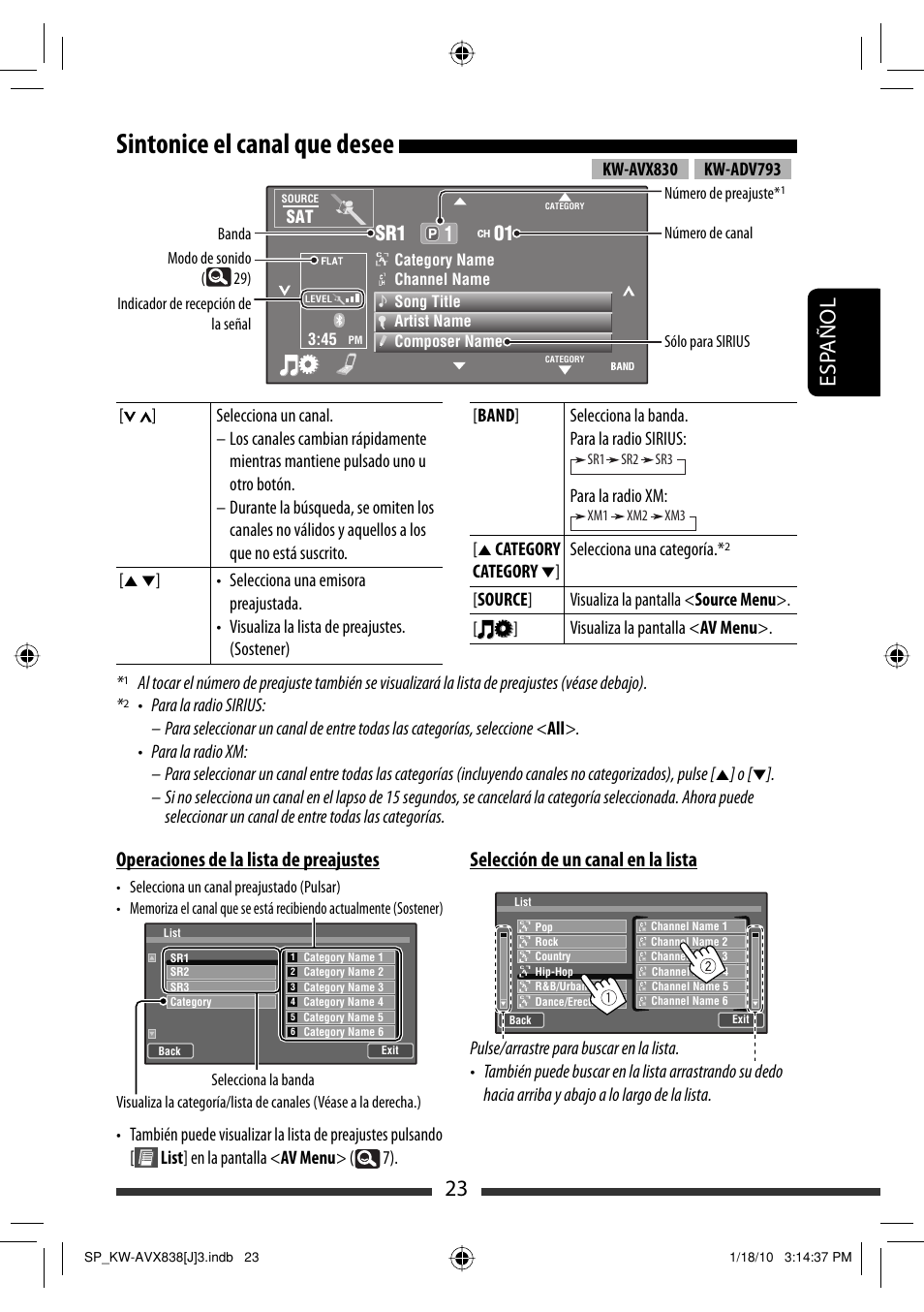 Sintonice el canal que desee, 23 esp añol, Operaciones de la lista de preajustes | Selección de un canal en la lista, Sr1 01, Para la radio xm, Category, Selecciona una categoría | JVC KW-ADV793 User Manual | Page 93 / 147