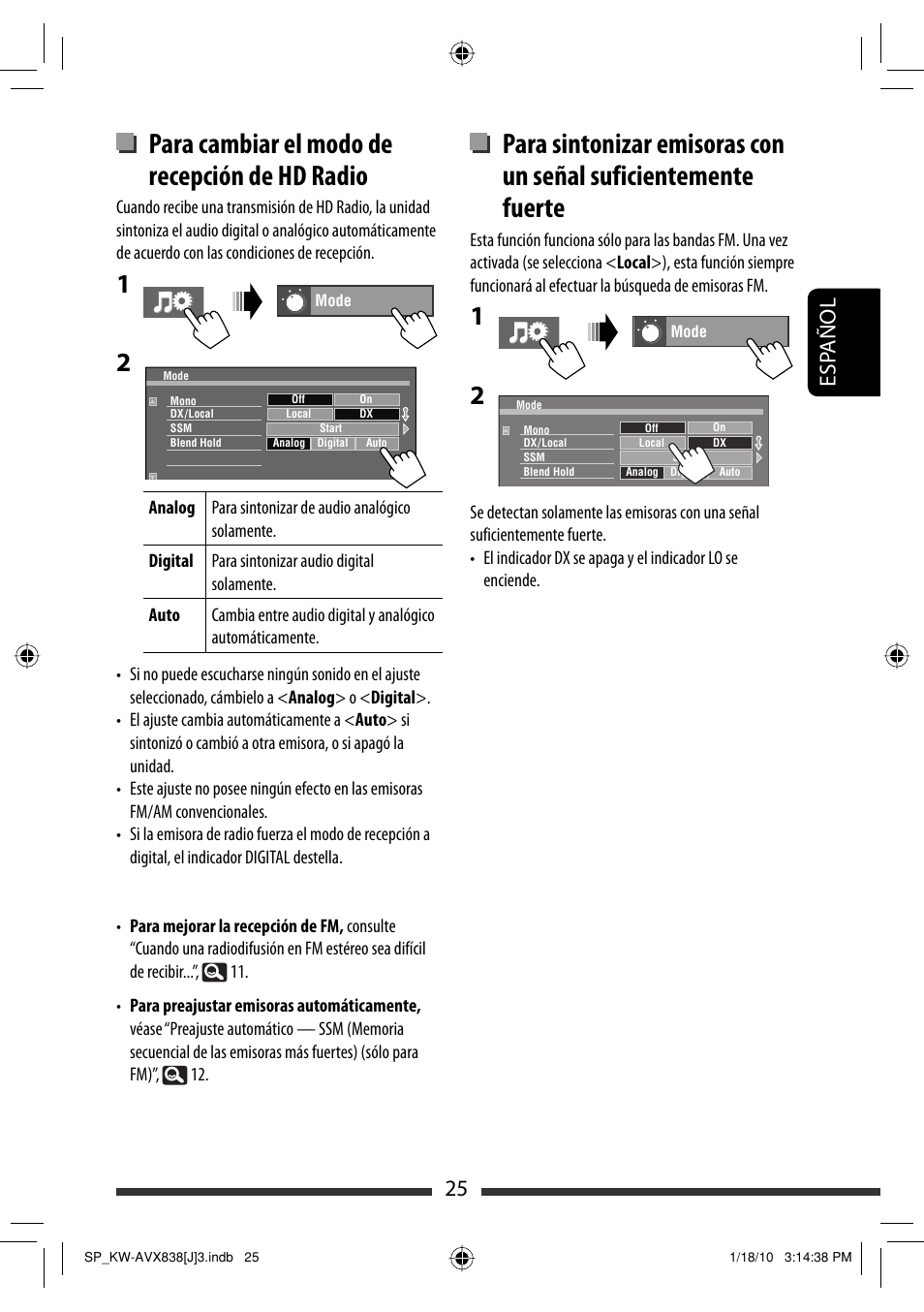 Para cambiar el modo de recepción de hd radio, 25 esp añol | JVC KW-ADV793 User Manual | Page 95 / 147