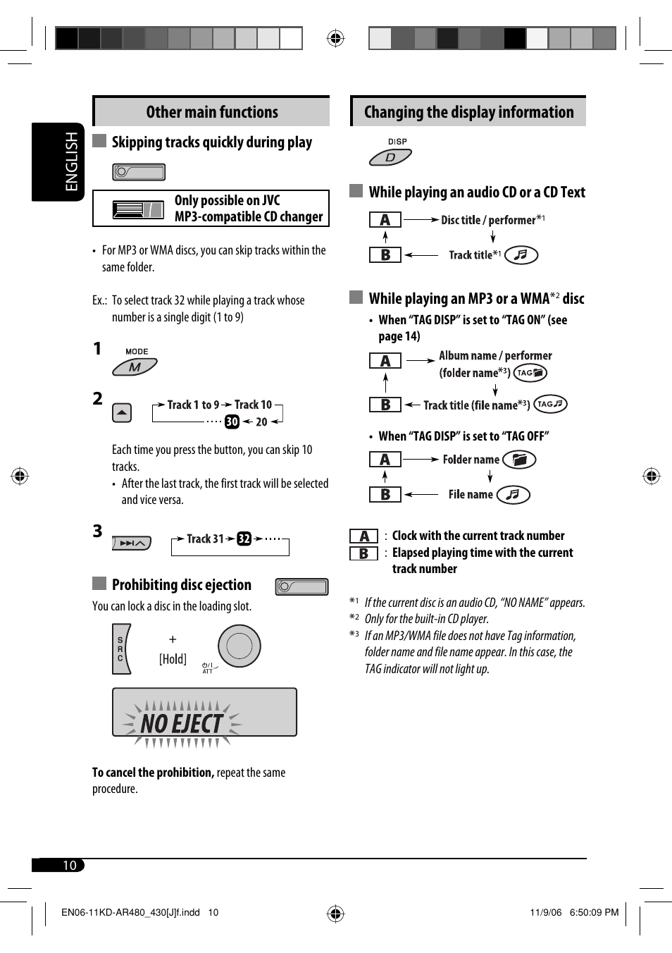 Changing the display information, Other main functions, English | Disc, Skipping tracks quickly during play, Prohibiting disc ejection | JVC KD-G430 User Manual | Page 10 / 80